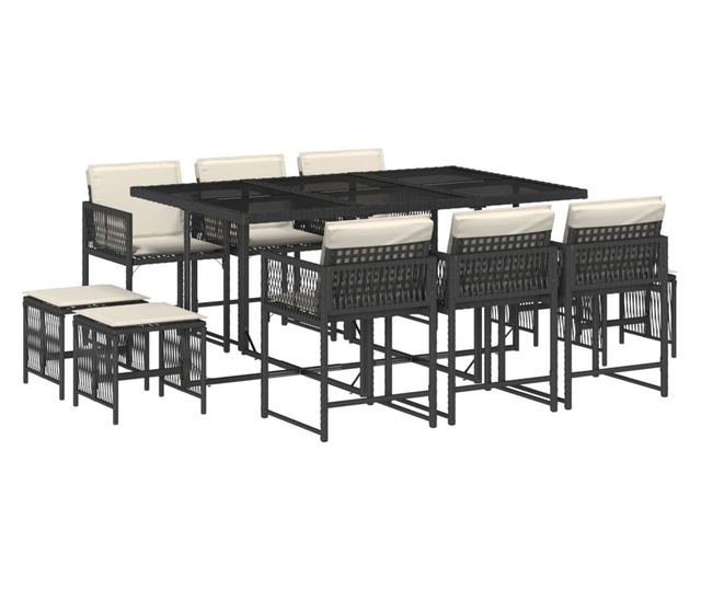 Градински комплект с възглавници 11 части полиратан черен