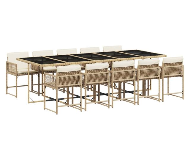 Градински комплект с възглавници, 11 части, бежов полиратан