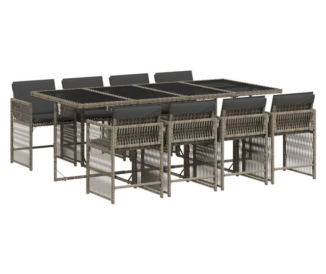 Градински трапезен комплект 9 части с възглавници сив полиратан