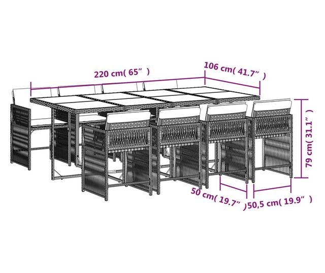 Градински трапезен комплект 9 части с възглавници сив полиратан