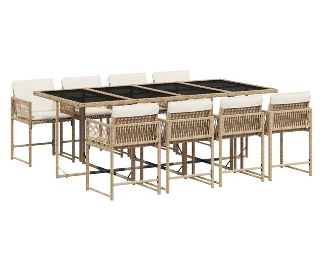 Градински комплект с възглавници, 9 части, бежов полиратан