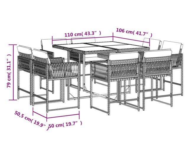 Градински трапезен комплект възглавници 9 части кафяв полиратан