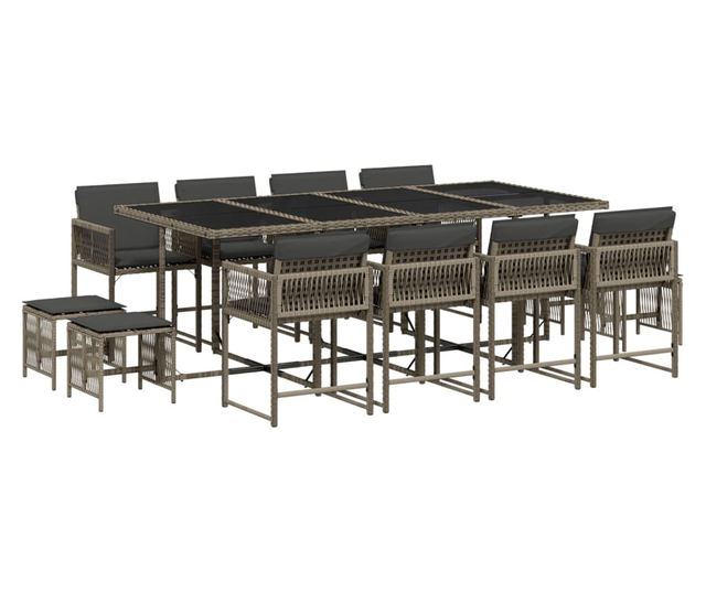 Градински комплект от 13 части с възглавници сив полиратан