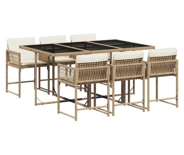 Градински комплект с възглавници, 7 части, бежов полиратан