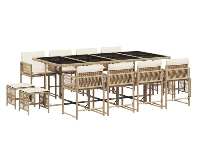 Градински комплект с възглавници, 13 части, бежов полиратан