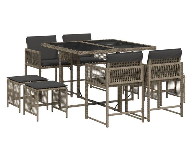 Градински трапезен комплект 9 части с възглавници сив полиратан