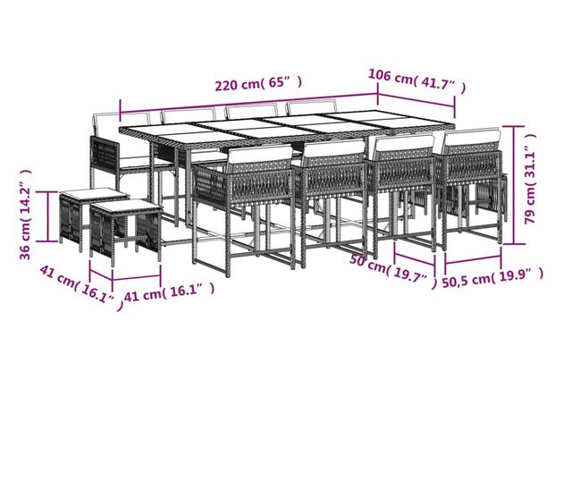 Градински комплект с възглавници, 13 части, бежов полиратан