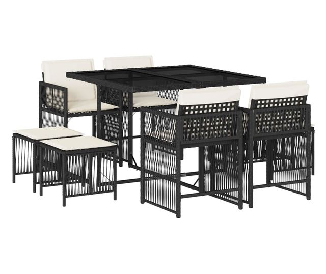 Градински трапезен комплект възглавници 9 части черен полиратан