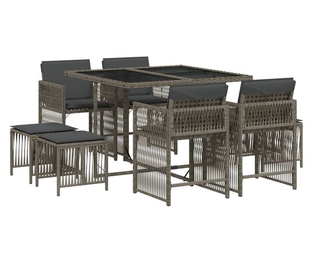 Градински трапезен комплект 9 части с възглавници сив полиратан