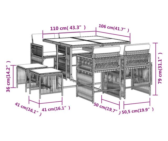 Градински трапезен комплект 9 части с възглавници сив полиратан