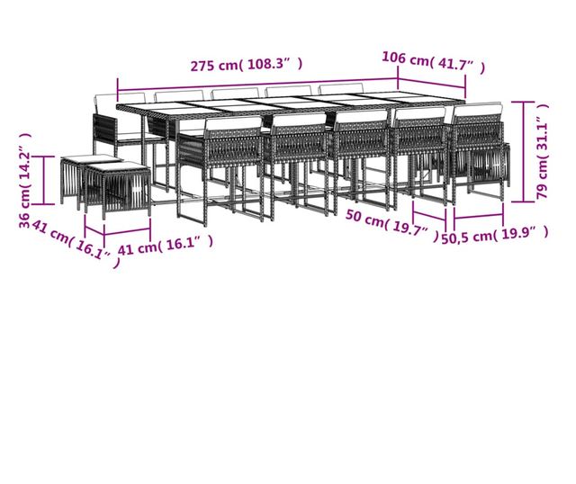 Градински комплект с възглавници 15 части полиратан сив