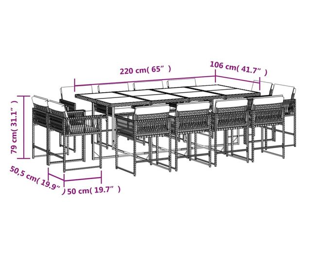 Градински комплект от 13 части с възглавници сив полиратан