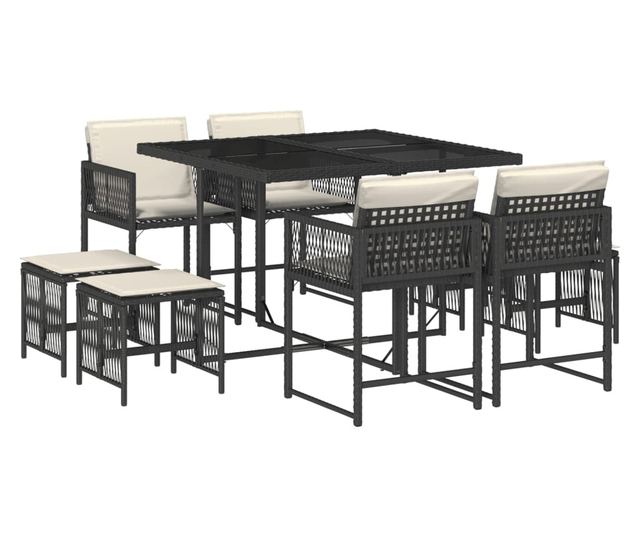 Градински трапезен комплект възглавници 9 части черен полиратан