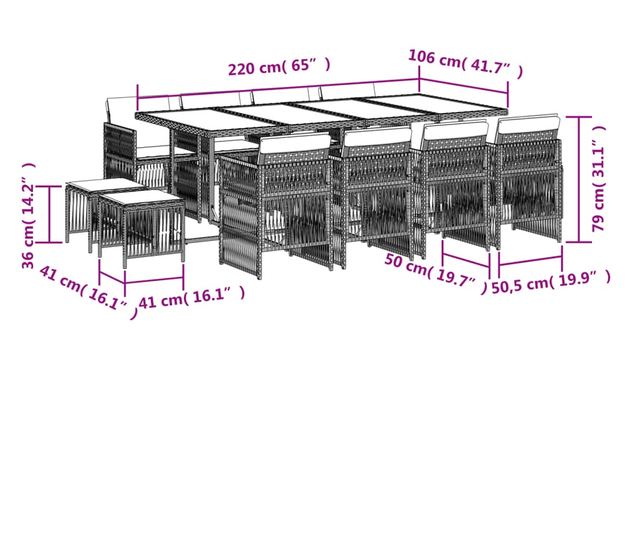 Градински комплект от 13части с възглавници светлосив полиратан