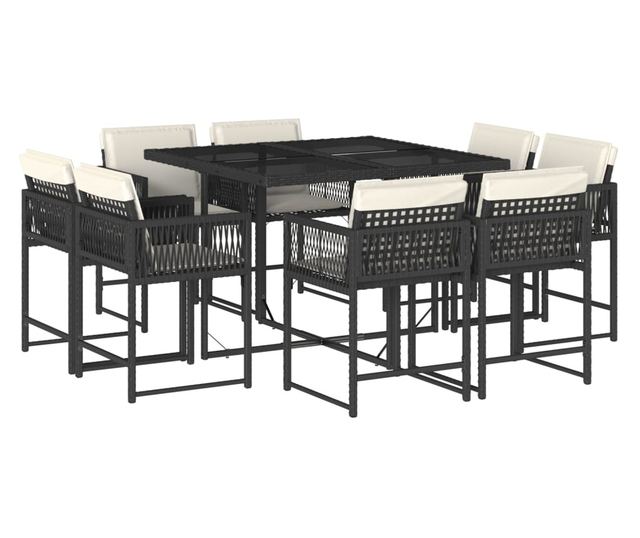 Градински трапезен комплект възглавници 9 части черен полиратан