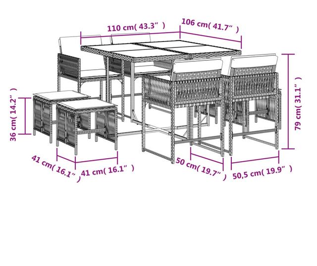 Градински трапезен комплект възглавници 9 части черен полиратан