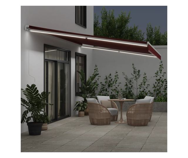 Ръчно прибираща се тента с LED, бордо, 600x300 см