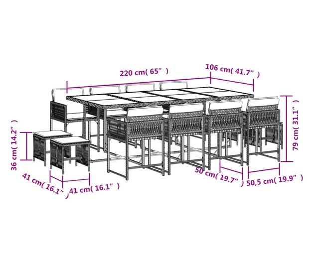 Външен трапезен комплект 13 части с възглавници черен полиратан