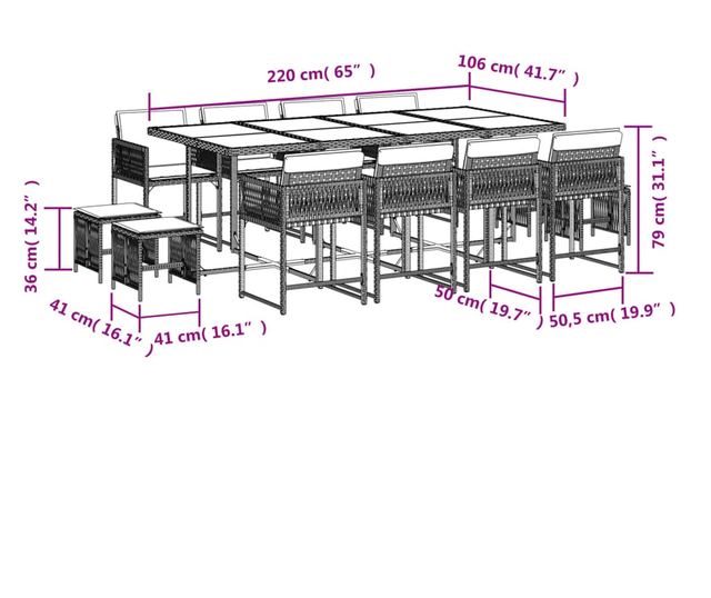 Градински комплект от 13 части с възглавници сив полиратан