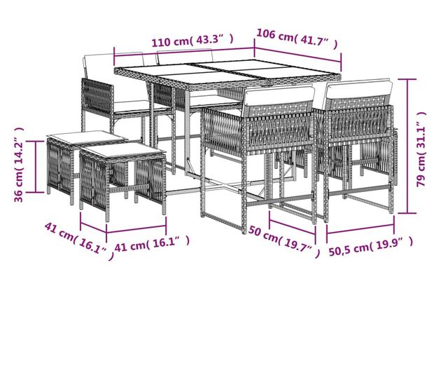Градински трапезен комплект възглавници 9 части черен полиратан
