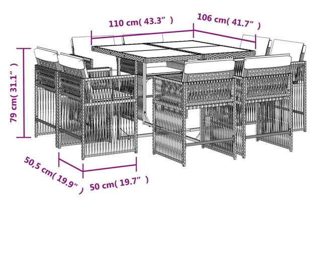 Градински трапезен комплект възглавници 9 части кафяв полиратан