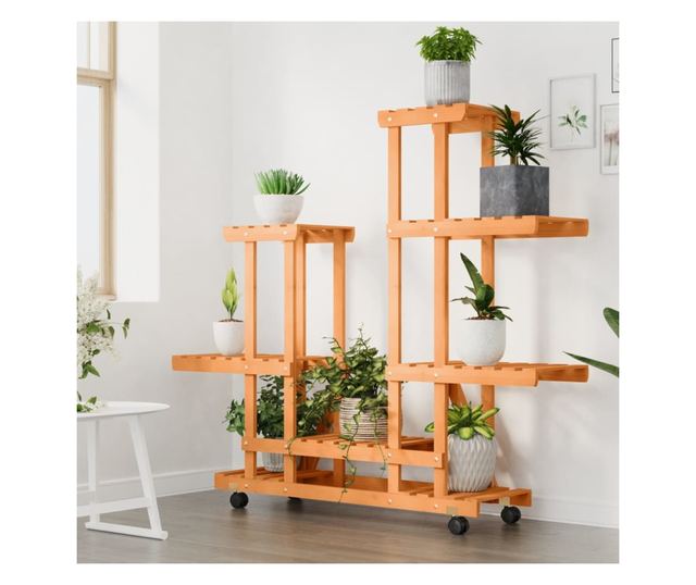 Поставка за цветя на колелца, 95x25x101 см, масивна дървесина от смърч