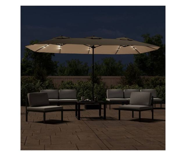 Двоен чадър с LED осветление, сиво-бежов, 449x245 см