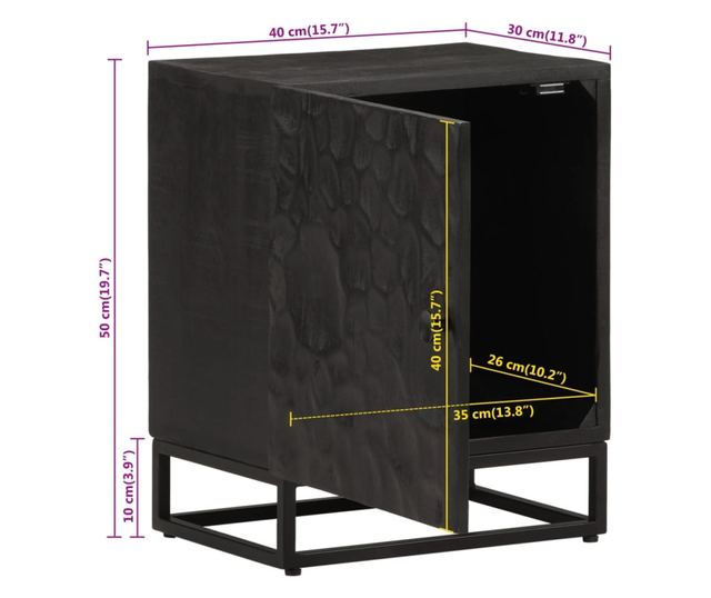 fekete tömör mangófa és vas éjjeliszekrény 40 x 30 x 50 cm