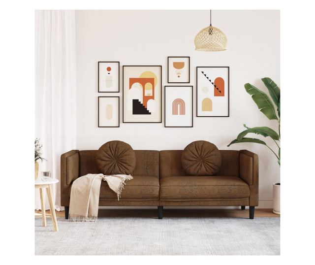 3 személyes barna művelúr kanapé párnával