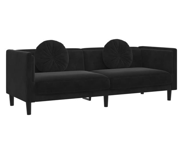 fekete bársony 3 személyes kanapé párnákkal