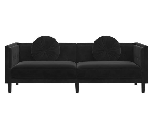 fekete bársony 3 személyes kanapé párnákkal