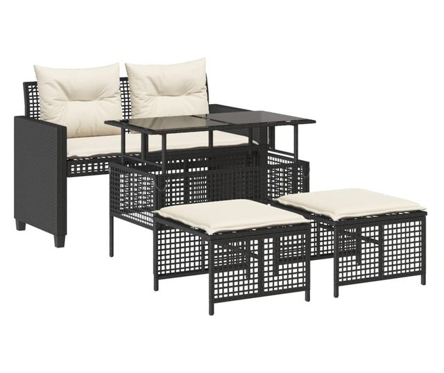 4 részes fekete polyrattan üveg kerti ülőgarnitúra párnával