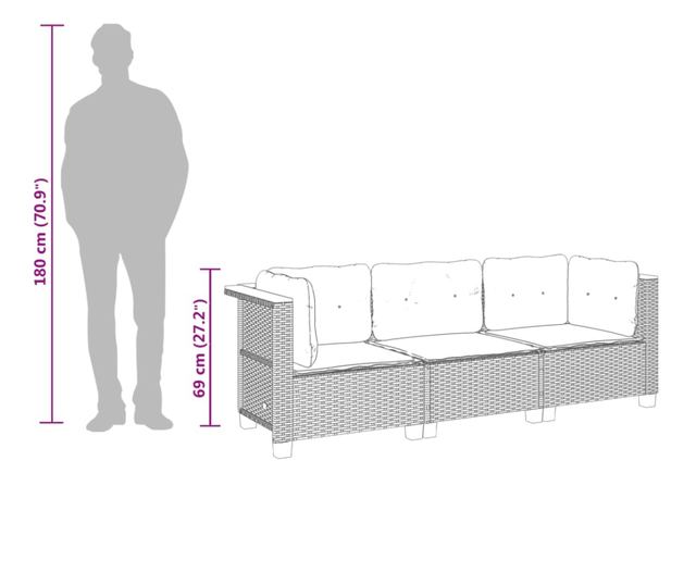 3 személyes szürke polyrattan kerti kanapé párnával