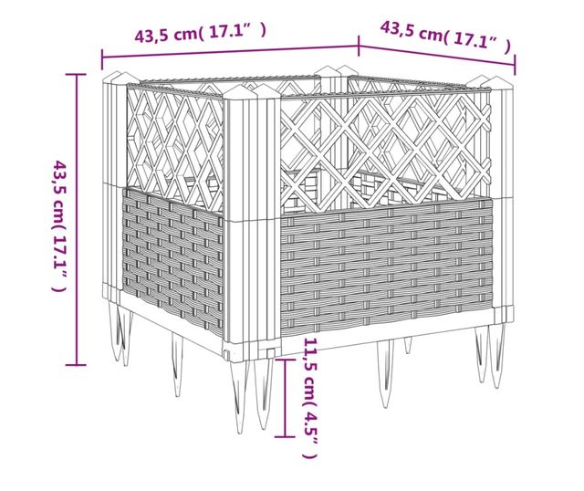 barna polipropilén kerti virágláda cövekekkel 43,5x43,5x43,5 cm