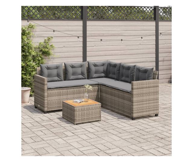 L-alakú szürke polyrattan kerti kanapé asztallal és párnákkal