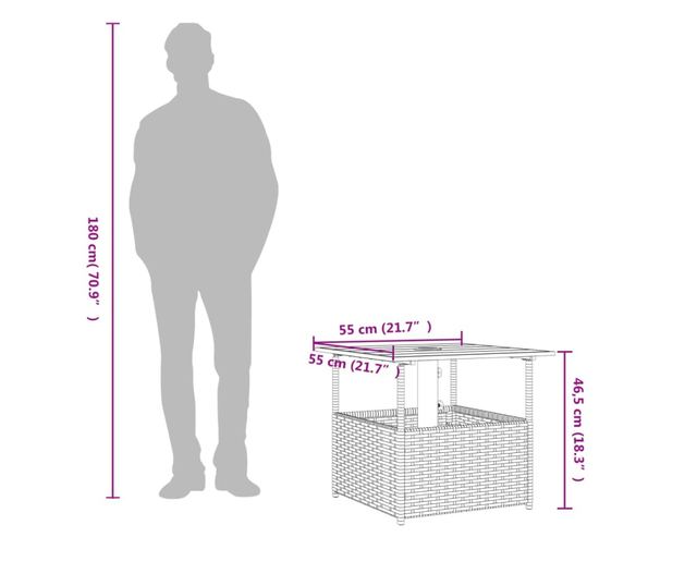 fekete polyrattan kerti asztal napernyőlyukkal 55x55x46,5 cm