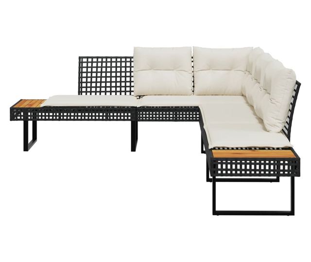 fekete polyrattan és akácfa L-alakú kerti kanapé párnával