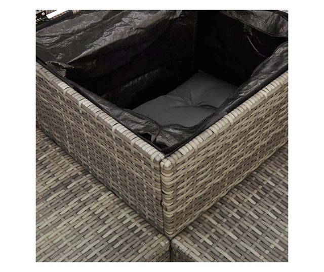 L-alakú szürke polyrattan kerti kanapé asztallal és párnákkal