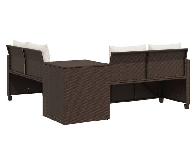 L-alakú barna polyrattan kerti kanapé asztallal és párnákkal