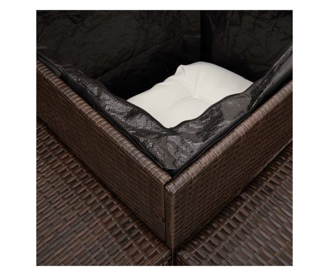 L-alakú barna polyrattan kerti kanapé asztallal és párnákkal