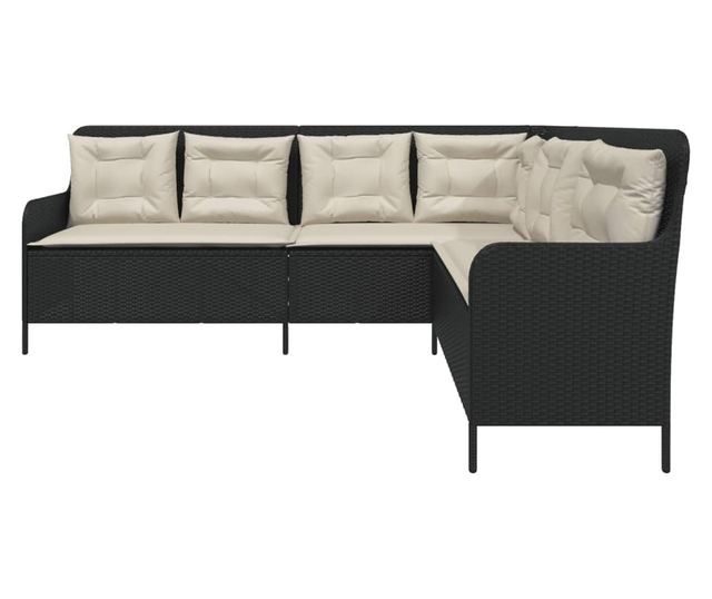 L-alakú fekete polyrattan kerti kanapé párnával