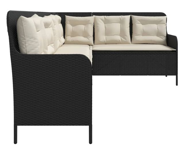 L-alakú fekete polyrattan kerti kanapé párnával
