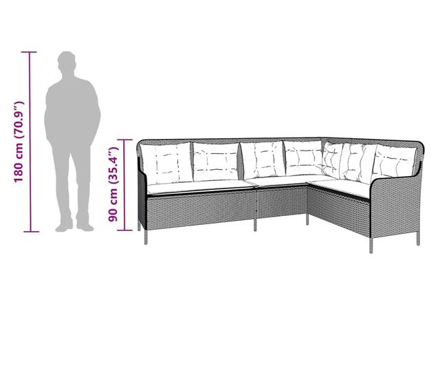 szürke polyrattan L-alakú kerti kanapé párnákkal