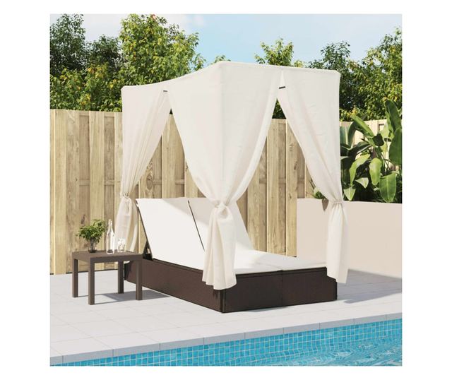 barna polyrattan dupla napozóágy tetővel és függönyökkel