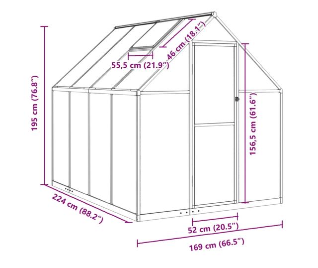 zöld alumínium melegház alapvázzal 224 x 169 x 195 cm
