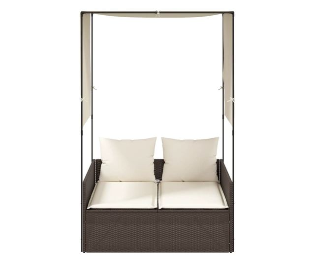 barna polyrattan dupla napozóágy tetővel és függönyökkel