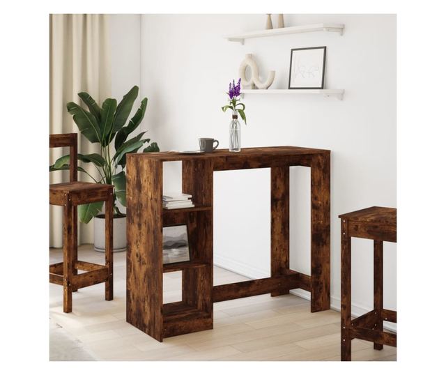 füstös tölgy színű szerelt fa bárasztal polccal 124x46x103,5 cm