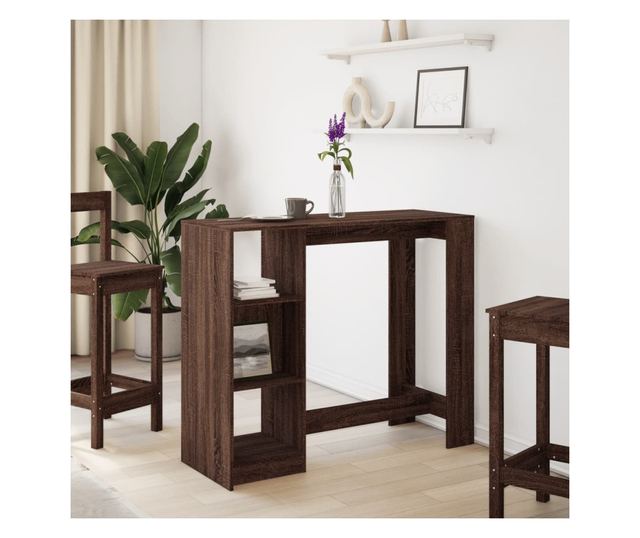 barna tölgy színű szerelt fa bárasztal polccal 124x46x103,5 cm