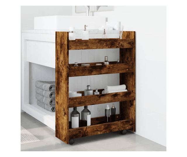 4 szintes füstös tölgy színű szerelt fa keskeny tárolókocsi