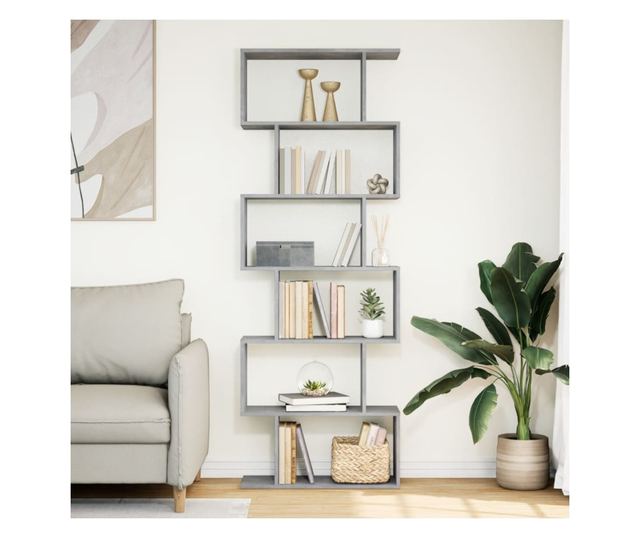 6 szintes betonszürke fa térelválasztó könyvespolc 70x24x193 cm